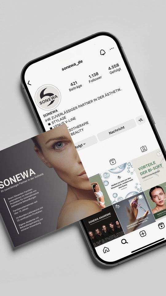 Social Media Marketing Darstellung der gestalteten Social-Media-Posts zu Image und Produkten.